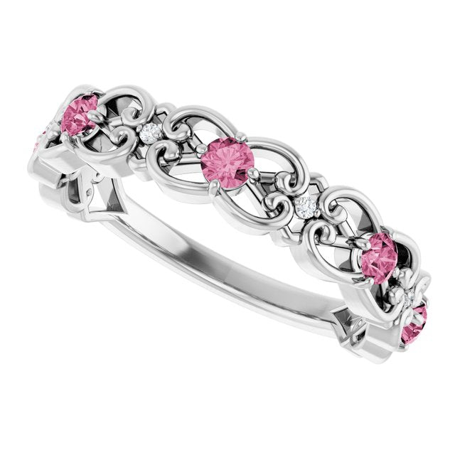Round Pink Tourmaline & Diamond Stackable Ring in Gold and Platinum