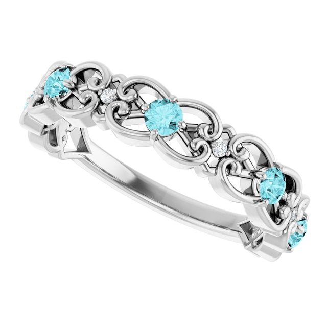 Round Blue Zircon & Diamond Stackable Ring in Gold and Platinum