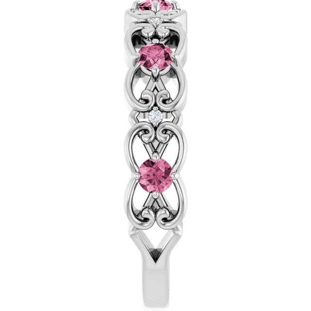 Round Pink Tourmaline & Diamond Stackable Ring in Gold and Platinum