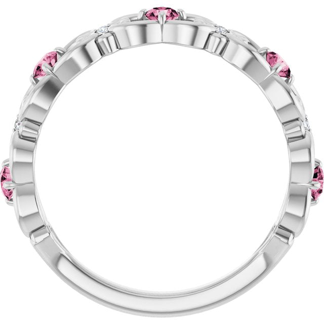 Round Pink Tourmaline & Diamond Stackable Ring in Gold and Platinum