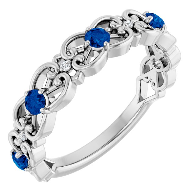 Round Blue Sapphire & Diamond Stackable Ring in Gold and Platinum