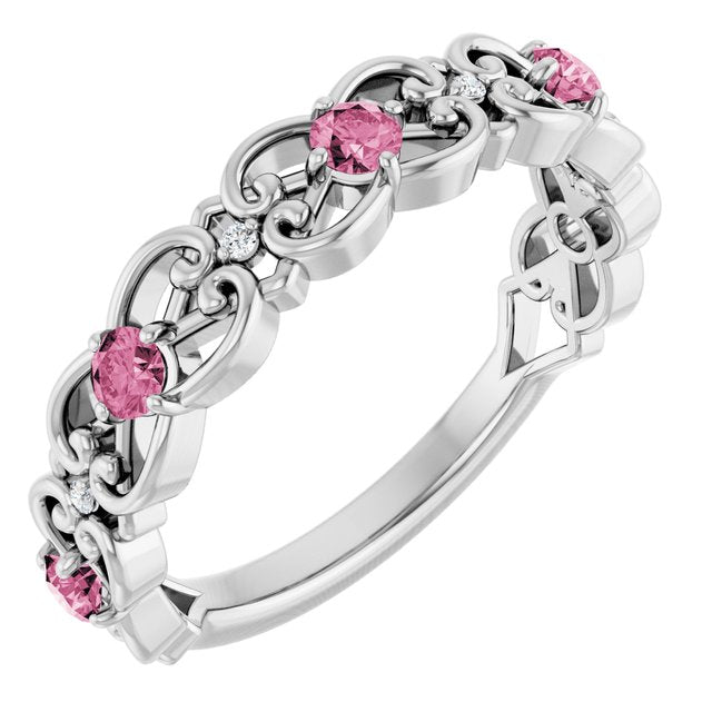 Round Pink Tourmaline & Diamond Stackable Ring in Gold and Platinum