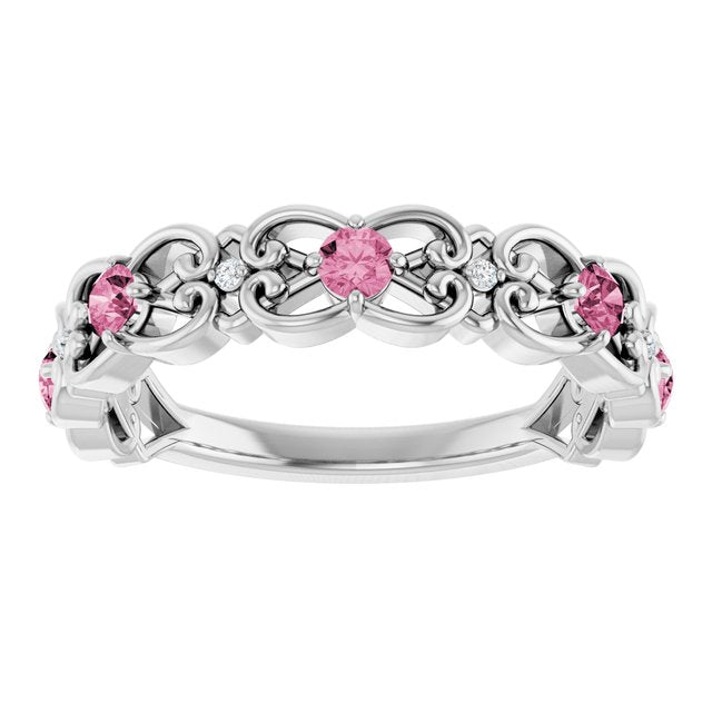 Round Pink Tourmaline & Diamond Stackable Ring in Gold and Platinum
