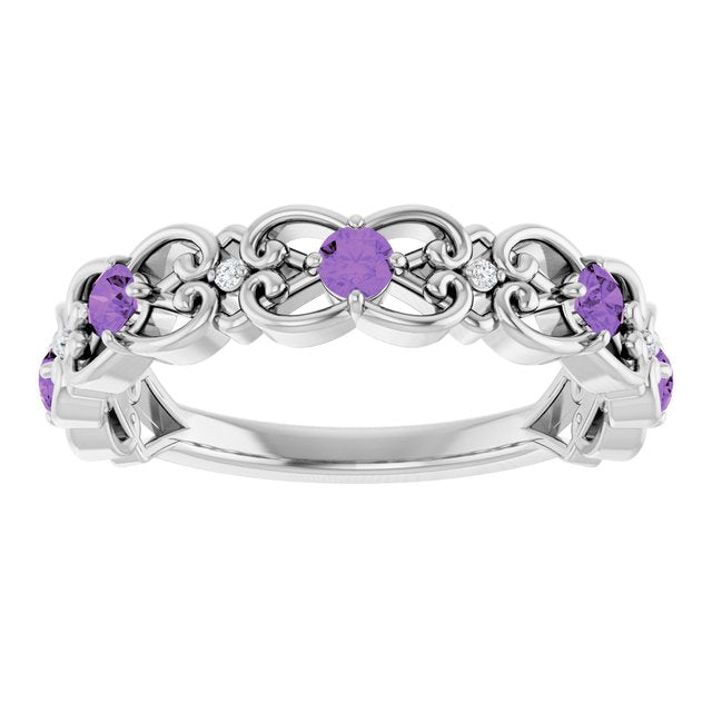 Round Amethyst & Diamond Stackable Ring in Gold and Platinum