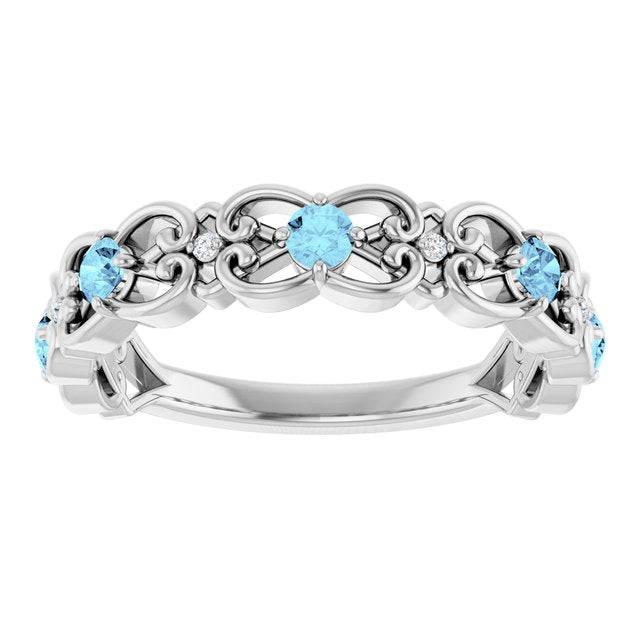 Round Aquamarine & Diamond Stackable Ring in Gold and Platinum