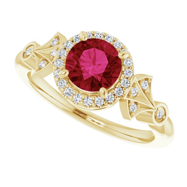 Round Lab-Grown Ruby & Diamond Halo Ring in Gold and Platinum