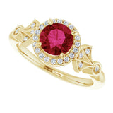 Round Lab-Grown Ruby & Diamond Halo Ring in Gold and Platinum
