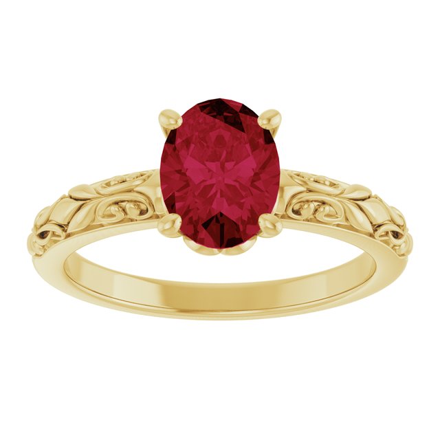 Oval Lab-Grown Ruby Solitaire Ring in Yellow Gold