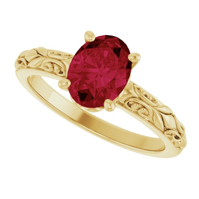 Oval Lab-Grown Ruby Solitaire Ring in Yellow Gold