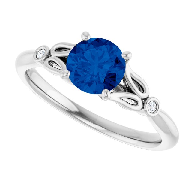 Round Lab-Grown Blue Sapphire & Diamond Ring in Gold and Platinum
