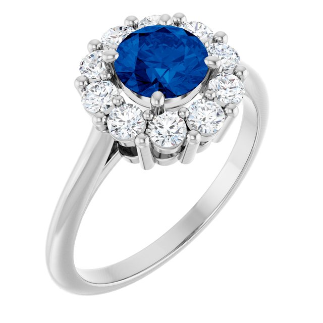 Round Blue Sapphire & Diamond Halo Ring in Gold and Platinum
