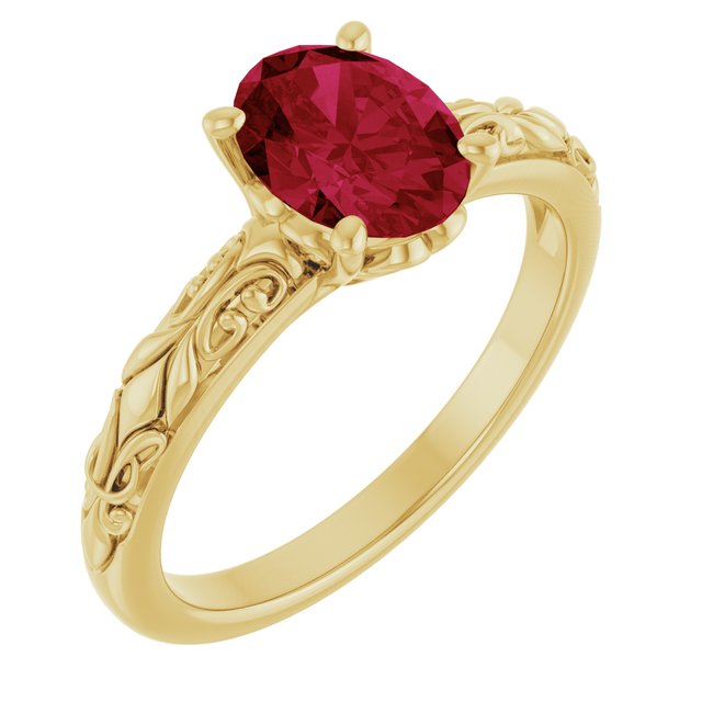 Oval Lab-Grown Ruby Solitaire Ring in Yellow Gold