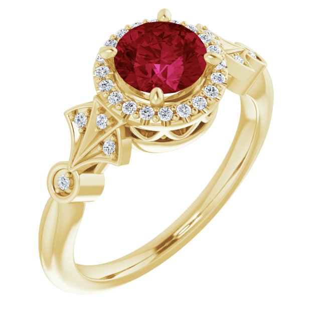 Round Lab-Grown Ruby & Diamond Halo Ring in Gold and Platinum