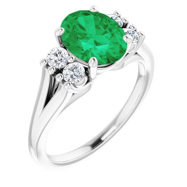 Oval Lab-Grown Emerald & Diamond Accented Ring in White Gold