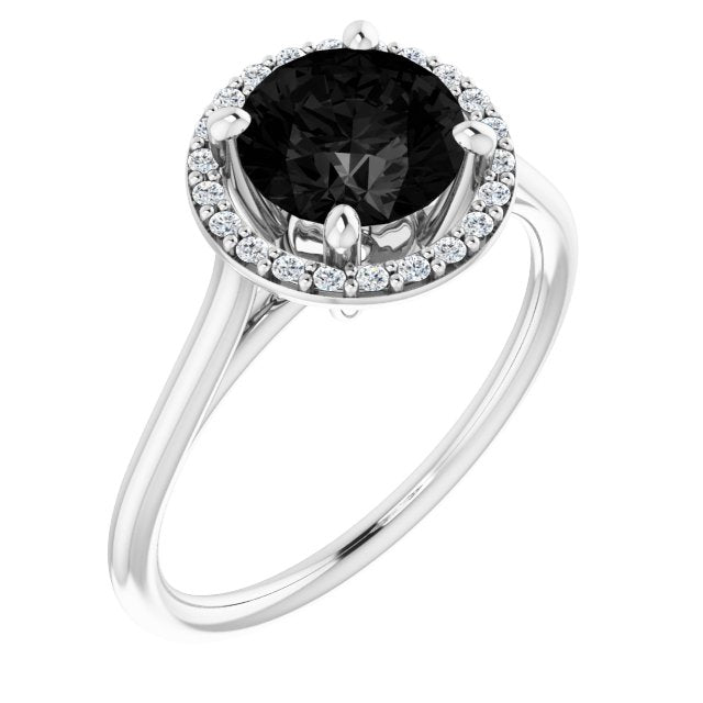 Round Black Onyx Halo Ring with Diamond Accents in Gold