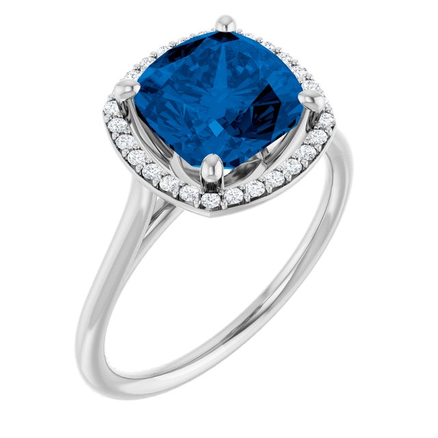 Cushion Lab-Grown Blue Sapphire & Diamond Halo Ring in White Gold