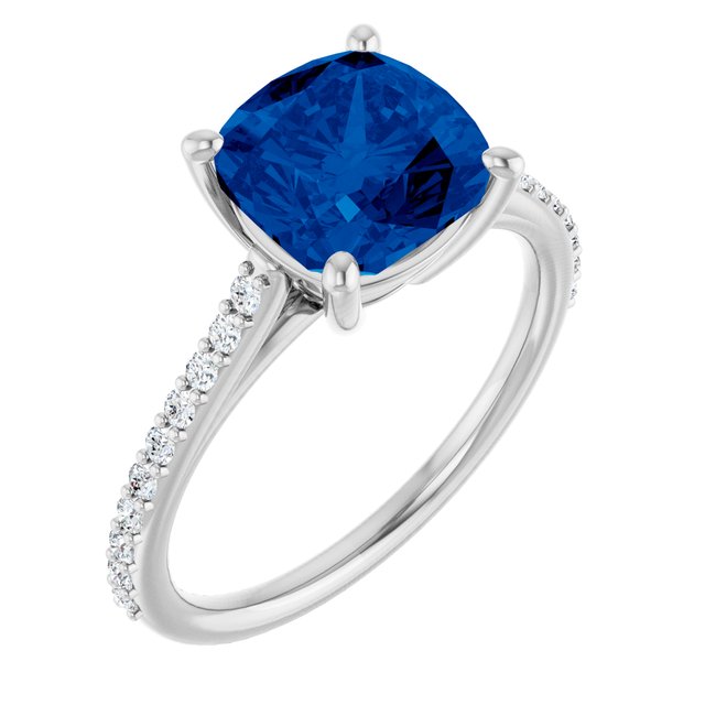 Cushion Lab-Grown Blue Sapphire & Diamond Ring in White Gold