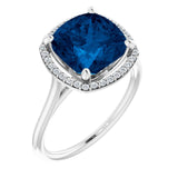 Cushion Lab-Grown Blue Sapphire & Diamond Halo Ring in White Gold
