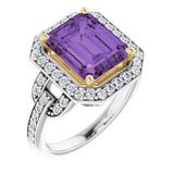Emerald Amethyst & Diamond Halo Ring in White/Yellow Gold