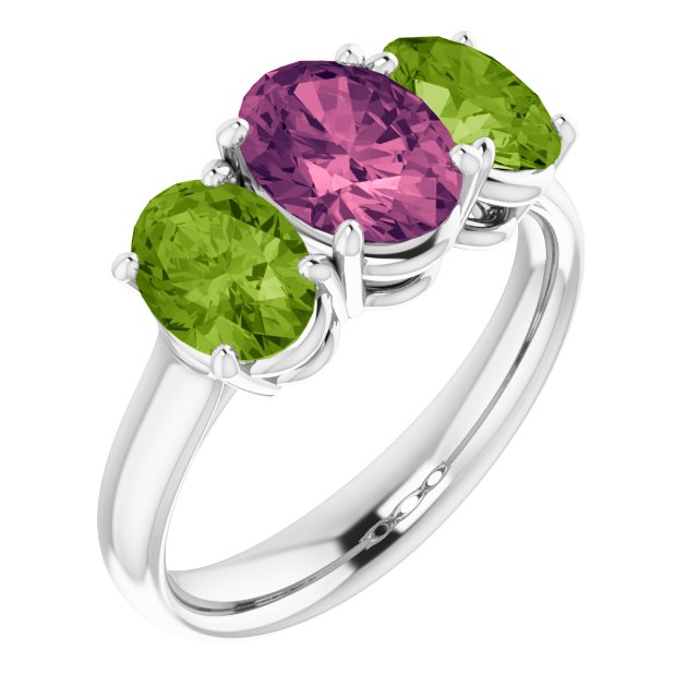 Oval Imitation Pink Tourmaline Three Stone Ring in White Gold