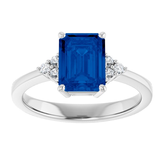 Emerald Lab-Grown Blue Sapphire & Diamond Ring in Gold and Platinum