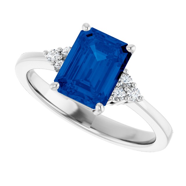 Emerald Lab-Grown Blue Sapphire & Diamond Ring in Gold and Platinum