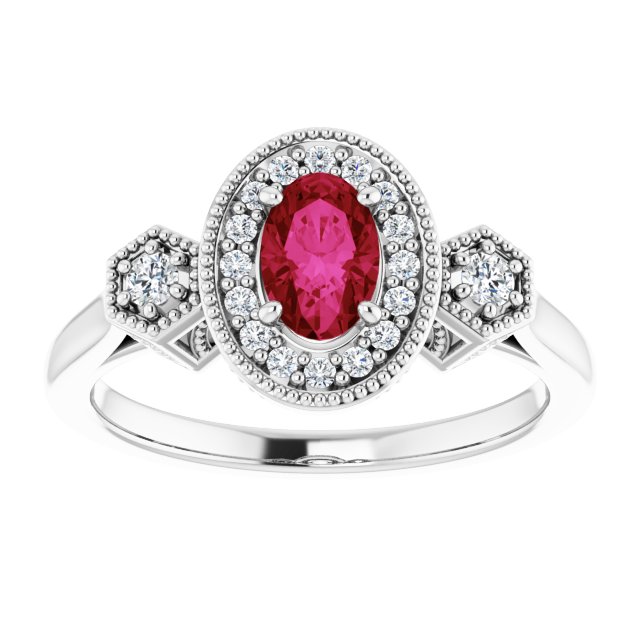 Oval Lab-Grown Ruby & Diamond Halo Ring in Gold and Platinum
