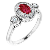 Oval Lab-Grown Ruby & Diamond Halo Ring in Gold and Platinum