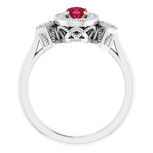 Oval Lab-Grown Ruby & Diamond Halo Ring in Gold and Platinum