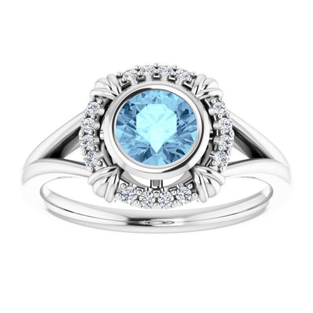 Round Aquamarine & Diamond Halo Ring in Gold and Platinum