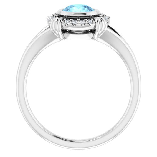 Round Aquamarine & Diamond Halo Ring in Gold and Platinum