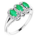 Oval Emerald & Diamond Three Stone Ring in Gold and Platinum