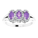 Oval Amethyst & Diamond Three Stone Ring in Gold and Platinum