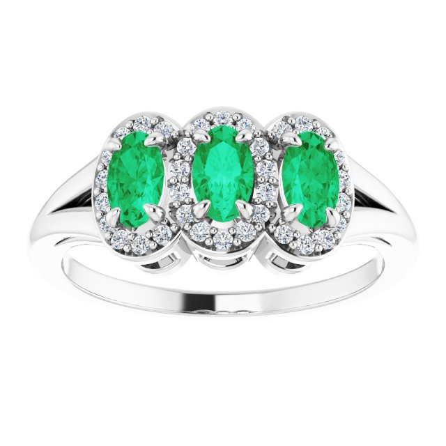 Oval Emerald & Diamond Three Stone Ring in Gold and Platinum