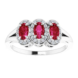 Oval Ruby & Diamond Three Stone Ring in Gold and Platinum