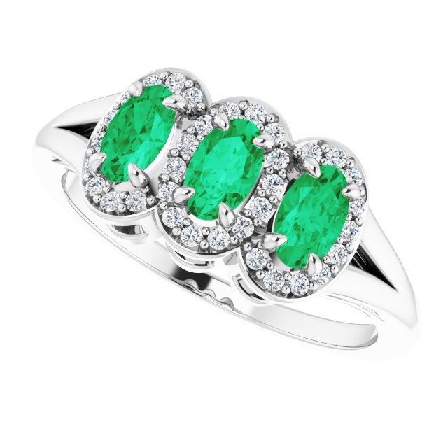 Oval Emerald & Diamond Three Stone Ring in Gold and Platinum