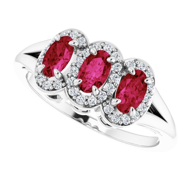 Oval Ruby & Diamond Three Stone Ring in Gold and Platinum