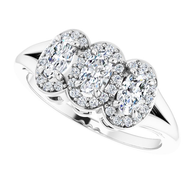 Oval White Sapphire & Diamond Three Stone Ring in Gold and Platinum