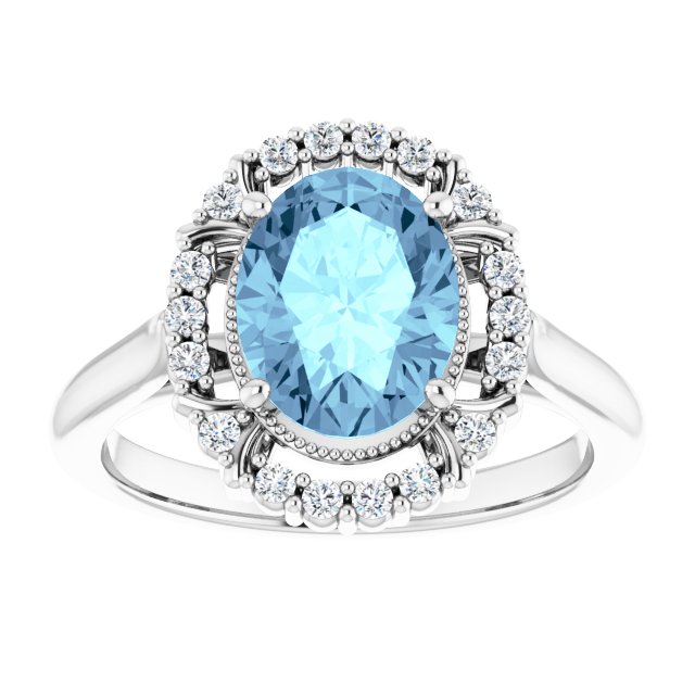 Oval Aquamarine Halo Ring with Diamond Accents in Gold and Platinum