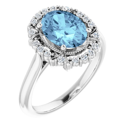 Oval Aquamarine Halo Ring with Diamond Accents in Gold and Platinum