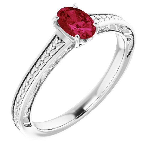 Oval Lab-Grown Ruby Solitaire Ring in Gold and Platinum