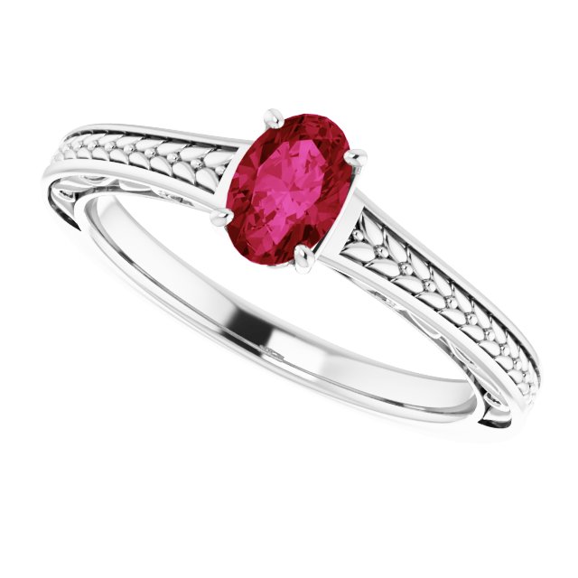 Oval Lab-Grown Ruby Solitaire Ring in Gold and Platinum