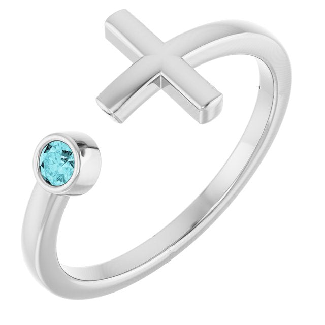 Round Blue Zircon Crosses Ring in Gold and Platinum