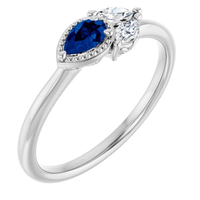 Pear Lab-Grown Blue Sapphire & Diamond Accented Ring in White Gold