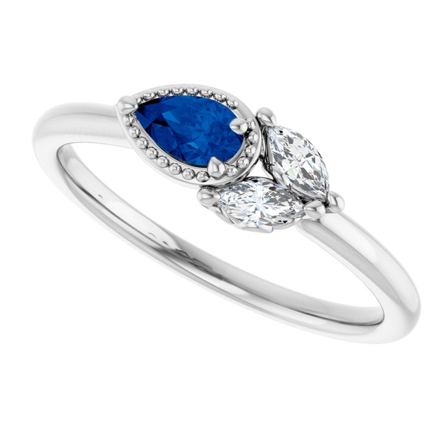 Pear Lab-Grown Blue Sapphire & Diamond Accented Ring in White Gold