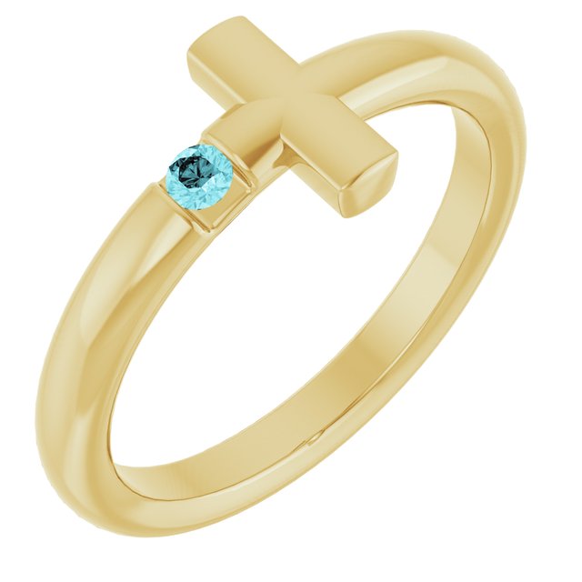 Round Blue Zircon Crosses Ring in Yellow Gold