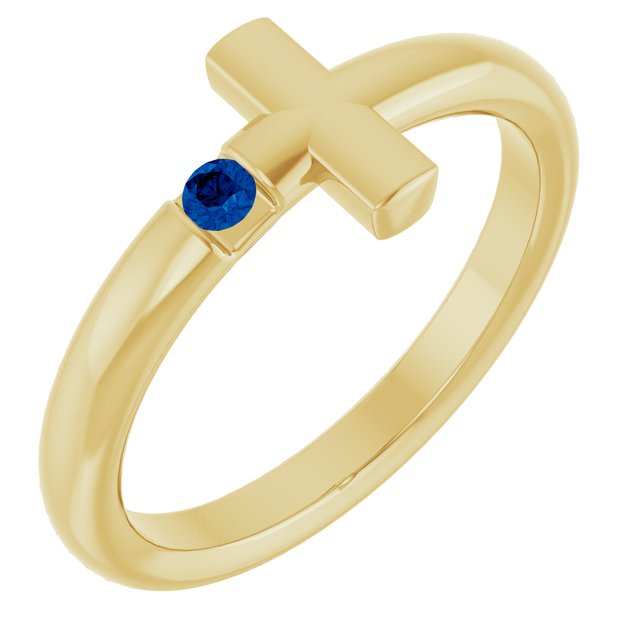 Round Blue Sapphire Crosses Ring in Yellow Gold