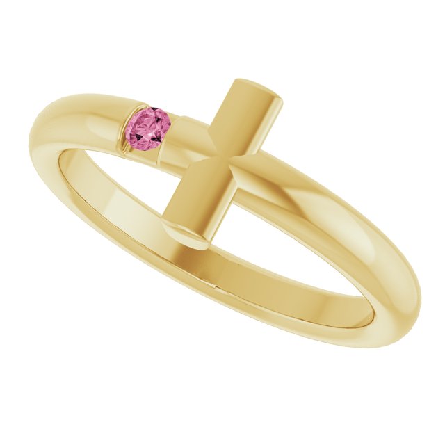 Round Pink Tourmaline Crosses Ring in Yellow Gold