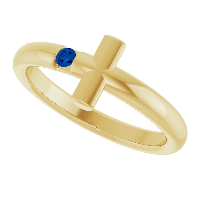 Round Blue Sapphire Crosses Ring in Yellow Gold