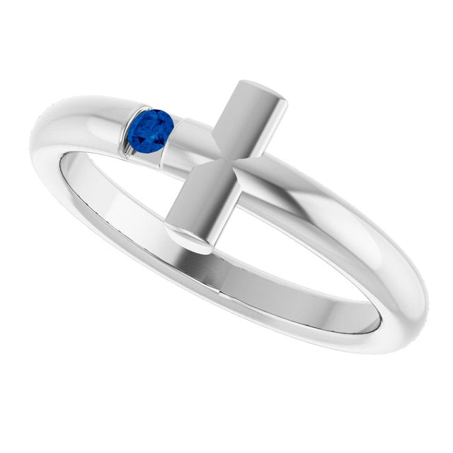 Round Blue Sapphire Crosses Ring in White Gold